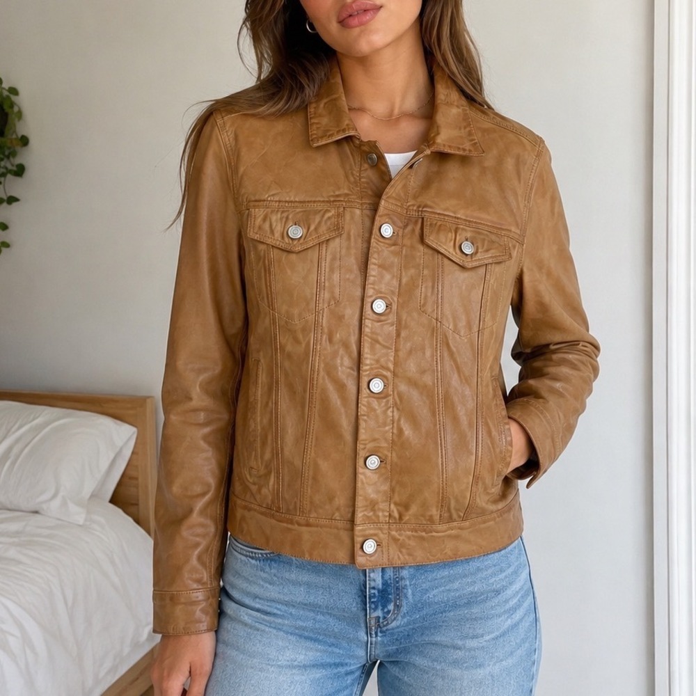 Lucky Brand Tan Brown 100% Lamb Leather Trucker Jacket M $450 retail